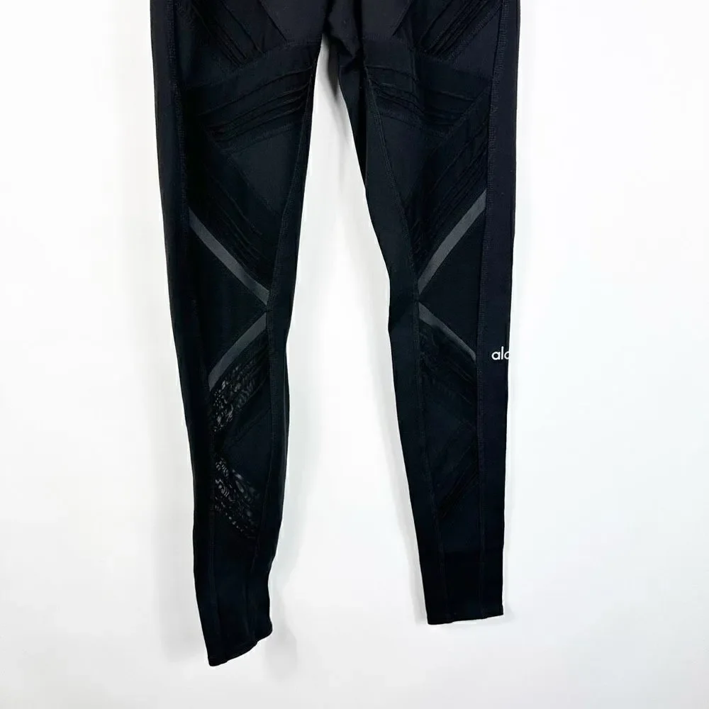 Alo Black Leggings High Rise Sheer Mesh Legs Pin Tuck Size XS Inseam 28
